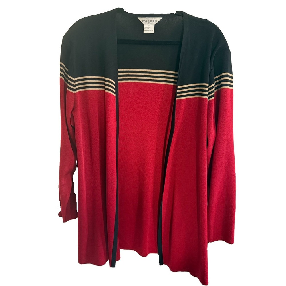 Exclusively Misook Colorblock Striped Black Red Gold Open Front Cardigan 1X
